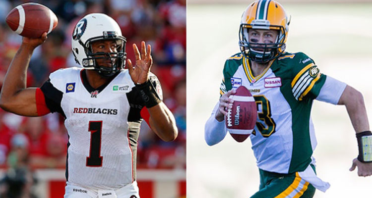 Quarterback Henry Burris, left, and the Ottawa RedBlacks, along with counterpart Mike Reilly, right, and the Edmonton Eskimos will have an extra week of rest after both teams received byes in the CFL playoffs. (Getty Images)