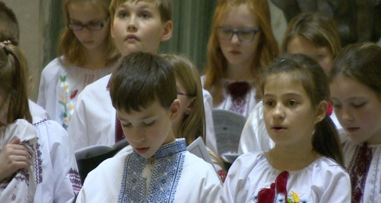 Students sing at the Holodomor service in Regina at the Saskatchewan Legislature. (CBC)