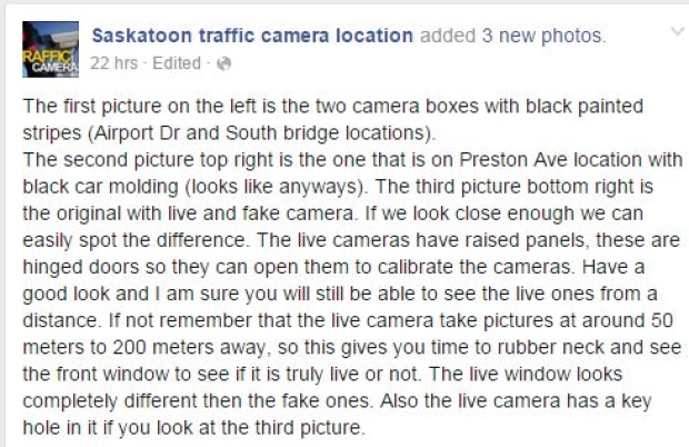 Posting on Saskatoon traffic camera location Facebook page (CBC)