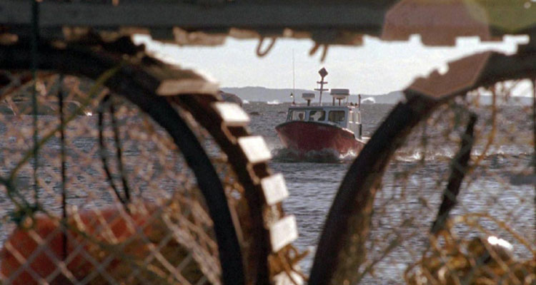 This file photo shows a fishing boat framed by lobster traps in West Dover, N.S. (Andrew Vaughan/THE CANADIAN PRESS)