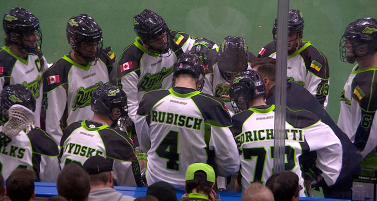 The Saskatchewan Rush takes a time out in mid-game action against the Vancouver Stealth in Saskatoon on Jan. 15, 2015. (Trevor Bothorel/CBC)