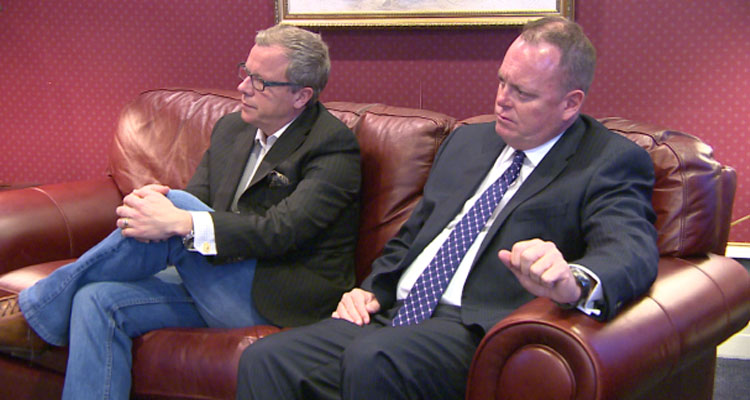 Saskatchewan Premier Brad Wall and Finance Minister Kevin Doherty watched as the federal budget was unveiled on March 22, 2016. (Brian Rodgers/CBC)