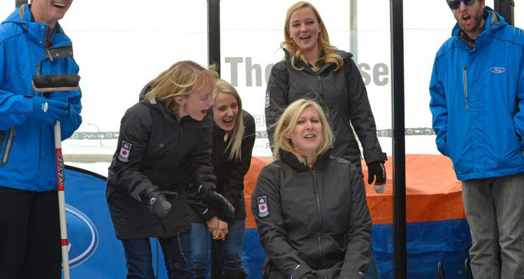 L-R - Amy Nixon, Jocelyn Peterman, Laine Peters (kneeling), Chelsea Carey - Team Canada at Original Joe's on Thursday afternoon having a laugh during a Ford Canada promotional event. The team opens the World Championships Saturday at 2:00 p.m. versus Denmark. ©Candace Woodside