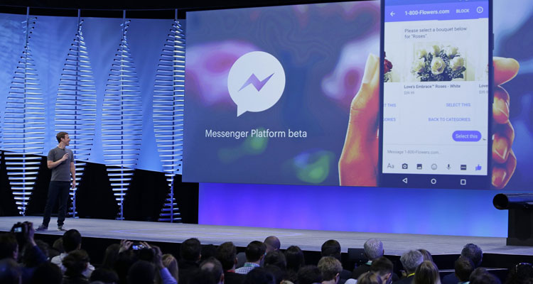 Mark Zuckerberg talks about chatbots and Messenger at F8. Photograph: Eric Risberg/AP