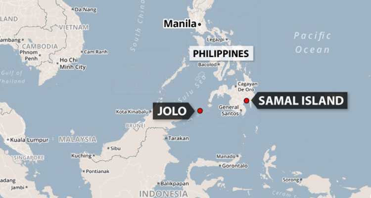 Philippine officials said the hostages were taken at gunpoint during a late-night raid in September 2015 at the Oceanview resort on Samal island, in the southern Philippines. (Mapbox/Canadian Press)
