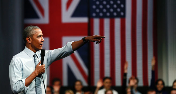 U.S. President Barrack Obama takes part in a town hall meeting at Lindley Hall in London on Saturday. (Stefan Wermuth/Reuters)
